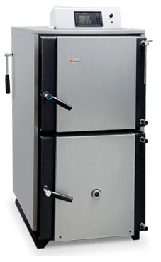 DOMUSA Lignum IB 40 caldera de gasificación de leña de 40 Kw. de llama invertida de alto rendimiento solo calefacción, modulación electrónica, autonomia de carga de hasta siete horas, el ventilador de la caldera modula ajustando la potencia generada a la 