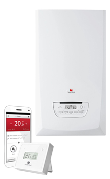 SAUNIER-DUVAL THEMAFAST CONDENS 25 MiGo de 19,6/25,5 KW (calefacción y acs) con termostato modulante wifi MiGo sistema Stard&Hot con placa de conexiones y ventosa.