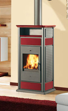 EDILKAMIN WARM BASE 19,7 Kw estructura y fuego de acero, decoraciones y top en ceramica roja / ambar ,frontal, laterales y base de fundición..Troncos de leña de máximo 33 cm.verticales