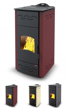 LASIAN OPALA de 6,2 a 18 Kw. (hueso de oliva, pellets de olivo, pellet de madera con alto porcentaje de cenizas, cáscara de almendra triturada, etc.), calentamiento mediante agua, de 18 KW de potencia térmica máxima. Capacidad de calentamiento de 310 m3 (