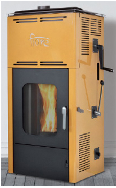 GREENHEISS FIORE AUTOMATICA de 13,5 Kw.   Acabados antracita, cuero, salmon ,marfil  y rojo burdeos. Depósito de pellet de 12 Kg. Sin electricidad, estufa de tiro natural con alimentación de pellet por gravedad, la carga del quemador se hace de manera aut