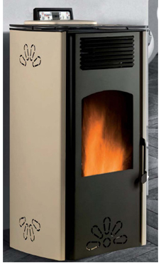 GREENHEISS MARGHERITA salida humos derecha 8,5 Kw. Acabados antracita, cuero,salmon, inoxidable ,marfil  y  rojo burdeos. Depósito de pellet de 12 Kg.con programación semanal y mando a distancia.