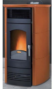 GREENHEISS VALENTINA PLUS CANALIZADA de 16 Kw.  Acabados antracita, cuero, inoxidable, salmon ,marfil  y rojo burdeos. Depósito de pellet de 35 Kg.con programación semanal y mando a distancia.