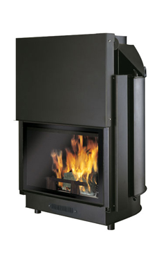 EDILKAMIN ACQUATONDO PLUS 29 de 27 Kw.con cristal vista total, salida humos hembra Ø 20 cm , completado de brasero y posibilidad de asador,  fuego de acero y fundición. Revestimientos: Cordoba, Iron, Mexico, Silver.